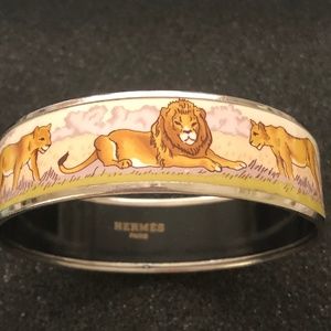Hermes Enamel Pride of Lions Bracelet Silver 65mm
